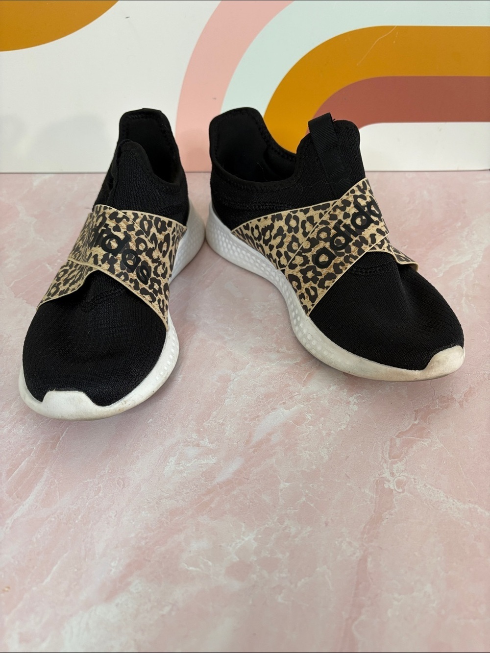 adidas Women’s Black Slip-On Sneakers with Leopard Accent 7.5